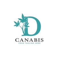 letra d alfabeto verde del logotipo de canabis con hoja de marihuana medicinal. utilizable para logotipos de negocios, ciencia, salud, medicina y naturaleza. vector