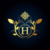 Elegant H Luxury Logo. Golden Floral Alphabet Logo with Flowers Leaves. Perfect for Fashion, Jewelry, Beauty Salon, Cosmetics, Spa, Boutique, Wedding, Letter Stamp, Hotel and Restaurant Logo. vector