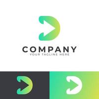 flecha inicial creativa del logotipo de la letra d. forma amarilla y verde con flecha de espacio negativo dentro. utilizable para logotipos comerciales y de marca. elemento de plantilla de ideas de diseño de logotipo de vector plano. eps10 vector