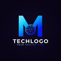 logotipo de la letra m de tecnología. forma geométrica azul con círculo de puntos conectado como vector de logotipo de red. utilizable para logotipos de negocios y tecnología.