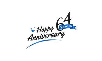 Celebración del aniversario de 64 años con swoosh azul y símbolo de cinta azul. saludo de feliz aniversario celebra ilustración de diseño de plantilla vector