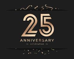 Diseño de estilo de logotipo de celebración de aniversario de 25 años. el saludo de feliz aniversario celebra el evento con múltiples líneas doradas y confeti aislado en la ilustración de diseño de fondo oscuro vector