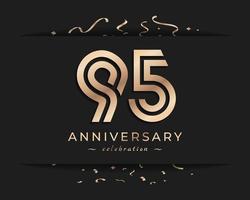 95 Year Anniversary Celebration Logotype Style Design. Happy Anniversary Greeting Celebrates Event with Golden Multiple Line and Confetti Isolated on Dark Background Design Illustration vector