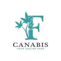 letra f alfabeto del logotipo de canabis verde con hoja de marihuana medicinal. utilizable para logotipos de negocios, ciencia, salud, medicina y naturaleza. vector