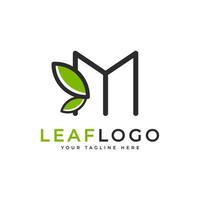 logotipo inicial creativo de la letra m. estilo lineal de forma negra vinculado con el símbolo de hoja verde. utilizable para logotipos de negocios, salud, naturaleza y granjas. elemento de plantilla de ideas de diseño de logotipo de vector plano. eps10