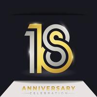 18 Year Anniversary Celebration with Linked Multiple Line Golden and Silver Color for Celebration Event, Wedding, Greeting card, and Invitation Isolated on Dark Background vector