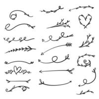 set of Flower ornament dividers. Hand drawn vines decoration, floral ornamental divider and sketch leaves ornaments. Ink flourish and arrow decorations with victorian doodles style isolated background vector