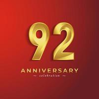 92 Year Anniversary Celebration with Golden Shiny Color for Celebration Event, Wedding, Greeting card, and Invitation Card Isolated on Red Background vector