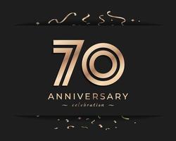 70 Year Anniversary Celebration Logotype Style Design. Happy Anniversary Greeting Celebrates Event with Golden Multiple Line and Confetti Isolated on Dark Background Design Illustration vector