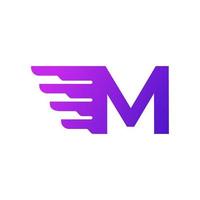 Fast Shipping Initial Letter M Delivery Logo. Purple Gradient Shape with Geometric Wings Combination. vector