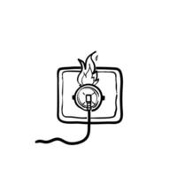 Fire wiring. Socket and plug on fire from overload. Electrical safety concept. Short circuit electrical circuit. Broken electrical connection.hand drawn doodle style vector isolated