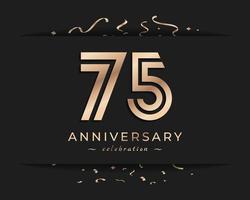 75 Year Anniversary Celebration Logotype Style Design. Happy Anniversary Greeting Celebrates Event with Golden Multiple Line and Confetti Isolated on Dark Background Design Illustration vector