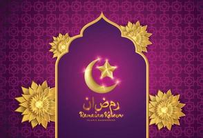 Ramadan Kareem banner with 3d metallic golden crescent moon, paper cut abstract arabesque flowers and Arabic handwritten calligraphy. Translation Ramadan Kareem. Vector. vector