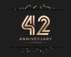 42 Year Anniversary Celebration Logotype Style Design. Happy Anniversary Greeting Celebrates Event with Golden Multiple Line and Confetti Isolated on Dark Background Design Illustration vector