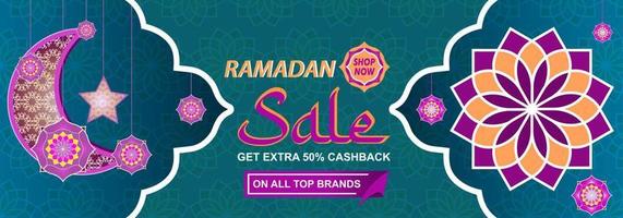 Eid Sale Banner with crescent moon and 3d paper cut with Islamic mandala ornament on a pattern background vector