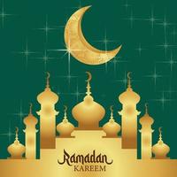 Ramadan kareem vector illustration with golden mosque silhouette, template design with starry sky and crescent moon elements on dark blue background