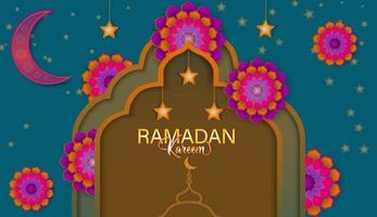 ramadan kareem vector illustration with the shape of a mosque gate, template design with elements using paper cut style design, crescent moon, and stars on dark blue background.