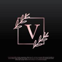 Elegant V Letter Square Floral Logo with Creative Elegant Leaf Monogram Branch Line and Pink Black Color. Usable for Business, Fashion, Cosmetics, Spa, Science, Medical and Nature Logos. vector