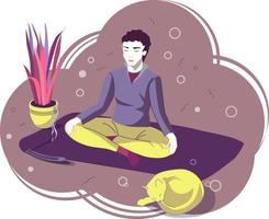 el hombre sentado cruzando las piernas, haciendo yoga y practicando meditación con su gato. encontrar un lugar tranquilo. ilustración de dibujos animados vectoriales. fondo violeta