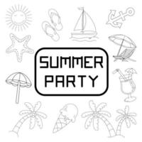 Set doodle summer, umbrella, ice cream, sand bucket, pineapple, juice, shells, sun, clouds, boat, and many more. vector