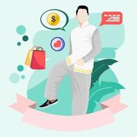 concepto de compras móviles. un hombre compra cosas en la tienda en línea. compras en las redes sociales a través del estilo de diseño plano del teléfono. ilustración vectorial de compras en línea. vector