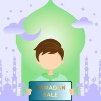 a child holding a ramadan sale, ramadan karem, vector illustration.