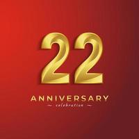 Celebración del aniversario de 22 años con color dorado brillante para eventos de celebración, bodas, tarjetas de felicitación y tarjetas de invitación aisladas en fondo rojo vector