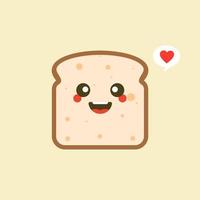 Vector divertido dibujo animado lindo pan rebanado personaje aislado sobre fondo de color. mascota de la etiqueta de panadería. icono de ilustración de personaje de caricatura plana vectorial. tostadas, tarjeta de buenos días, concepto de desayuno