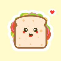 lindo y kawaii del personaje de pan de sándwich con verduras. desayuno. rebanada de sándwich de queso con tomate, lechuga y tocino, estilo de diseño plano de salchicha. sabrosa comida vegetariana. vector