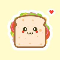 lindo y kawaii del personaje de pan de sándwich con verduras. desayuno. rebanada de sándwich de queso con tomate, lechuga y tocino, estilo de diseño plano de salchicha. sabrosa comida vegetariana. vector
