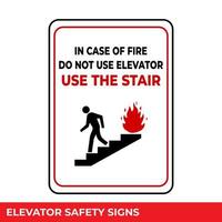 en caso de incendio, use las escaleras, no use el letrero de los ascensores con un mensaje de advertencia para áreas industriales, fácil de usar y plantillas de diseño de impresión vector