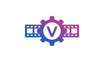 Initial Letter V Gear Cog Wheel with Reel Stripes Filmstrip for Film Movie Cinema Production Studio Logo Inspiration vector