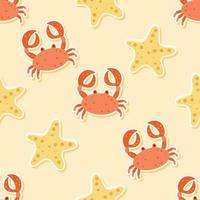 pegatina de estrella de mar y cangrejo sin costuras en el patrón de dibujos animados de verano vector