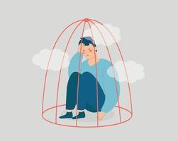 Sad man sitting inside a small bird cage. Prisoner adolescent male influenced in his mental health by lockdown. Bullying, addiction, psychological issues, restrictions on human rights concept. Vector