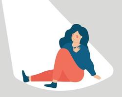 una chica positiva y optimista toca su corazón y se ve feliz. la mujer joven sostiene una luz en su pacífico mundo interior. concepto de libertad, introspección, bienestar, tranquilidad y autoaceptación. vector. vector