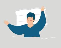 Young man or boy wakes up in the morning and feels happy and good. Adolescent male getting up and stretch in the bed. Stress free, body mental health, positive vibes and relaxation freedom concept. vector