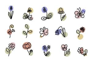 Line flower doodle icon elements collection. vector