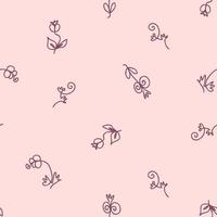 Single line drawn seamless pattern with flowers and berries. vector