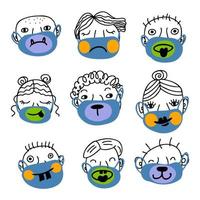 pueblos de dibujos animados con máscaras divertidas para un diseño de estilo de vida saludable.