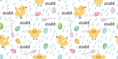Easter seamless pattern with cute birds, Easter eggs, flowers. Cute seamless pattern for textile, wrapping paper, packaging. Vector pattern.