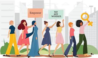 Group of happy women walking in the city and demonstrating their empowerment. International Women's Day. Women holding placards with feminist and empowerment messages. Vector illustration.