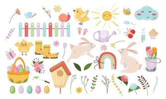 Set of Easter items. Collection of spring design elements for any cute projects. Hand drawn elements. Vector illustration.