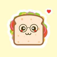 lindo y kawaii del personaje de pan de sándwich con verduras. desayuno. rebanada de sándwich de queso con tomate, lechuga y tocino, estilo de diseño plano de salchicha. sabrosa comida vegetariana. vector