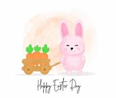 feliz día de pascua con un lindo conejo que lleva muchas zanahorias usando un personaje de dibujos animados de carro vector