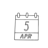 calendario dibujado a mano en estilo garabato. 5 de abril. día internacional de la sopa, fecha. icono, elemento adhesivo para el diseño. planificación, negocios, vacaciones vector