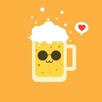 Ilustración de vector de diseño plano de cerveza. caricatura vectorial lindo y kawaii personaje de vaso de cerveza con espuma aislada en el fondo de color. etiqueta cómica de cerveza vectorial o plantilla de diseño de afiches.