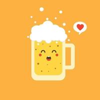Ilustración de vector de diseño plano de cerveza. caricatura vectorial lindo y kawaii personaje de vaso de cerveza con espuma aislada en el fondo de color. etiqueta cómica de cerveza vectorial o plantilla de diseño de afiches.