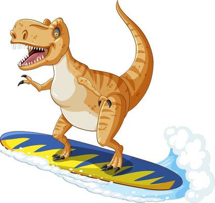 Tyrannosaurus rex dinosaur on surfboard in cartoon style