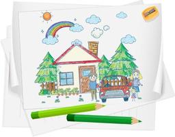un papel con un diseño de boceto de garabato con lápices de colores y colores vector