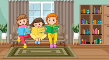 niños leyendo libros en casa vector